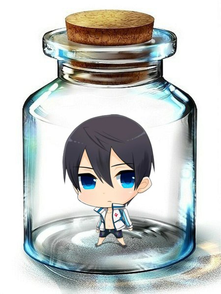 Anime picture 1000x1333 with free! kyoto animation nanase haruka (free!) single tall image looking at viewer short hair blue eyes black hair simple background standing white background open clothes open jacket chibi in bottle boy jacket shorts bottle