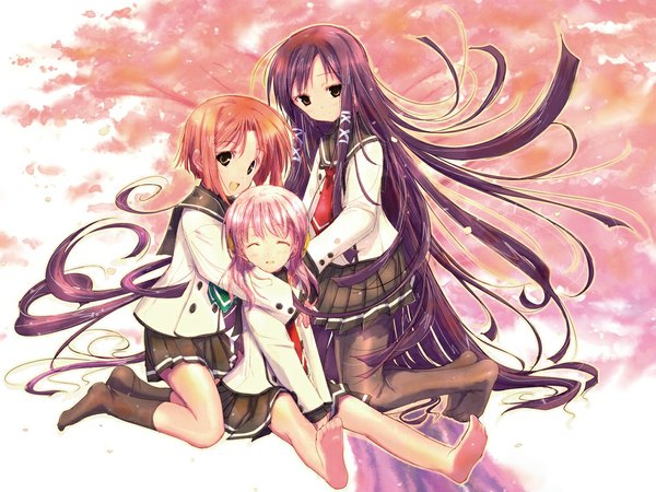 Anime picture 1024x768 with sakura musubi cuffs (studio) akino momiji kiriyama sakura sera karen long hair short hair smile sitting brown eyes pink hair purple hair red hair eyes closed pleated skirt barefoot orange hair soles laughing skirt