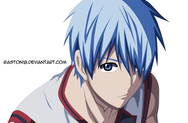 Anime picture 4000x2630 with kuroko no basket production i.g kuroko tetsuya tongasart single looking at viewer fringe highres short hair blue eyes simple background white background blue hair absurdres hair over one eye inscription coloring boy