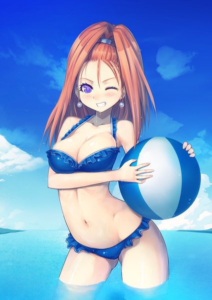 Anime picture 1041x1468 with dragon quest dragon quest vi barbara (dq6) mahito (artist) single long hair tall image looking at viewer blush breasts light erotic smile purple eyes bare shoulders sky cleavage cloud (clouds) ponytail one eye closed wink