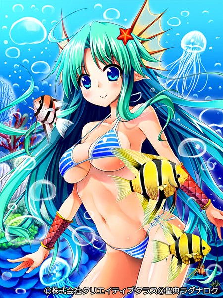 Anime picture 600x800 with seiten ragnarok pochadon single long hair tall image looking at viewer blush breasts blue eyes light erotic smile blue hair pointy ears underwater girl navel swimsuit animal bikini bubble (bubbles)