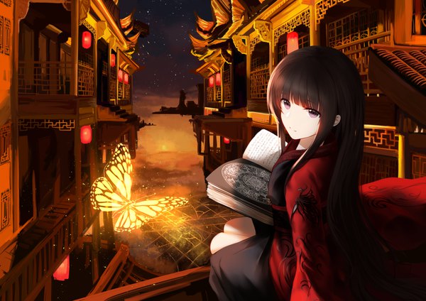 Anime picture 4093x2894 with original an yasuri single long hair fringe highres brown hair sitting payot absurdres blunt bangs looking back light smile from behind night grey eyes night sky glowing reflection river