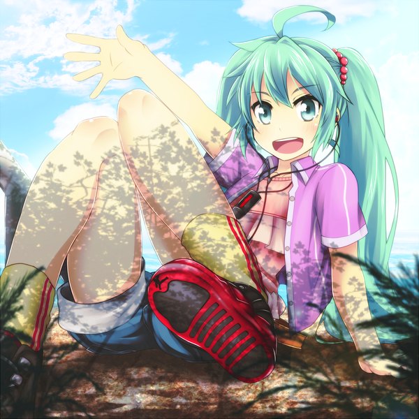 Anime picture 1200x1200 with vocaloid hatsune miku tom (drpow) looking at viewer blush open mouth twintails cloud (clouds) ahoge very long hair aqua eyes aqua hair girl dress shoes shorts headphones digital media player