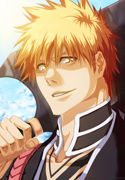 Anime picture 744x1074 with bleach studio pierrot kurosaki ichigo afran67 single tall image short hair smile sky cloud (clouds) traditional clothes japanese clothes orange hair orange eyes coloring boy weapon kimono huge weapon huge sword