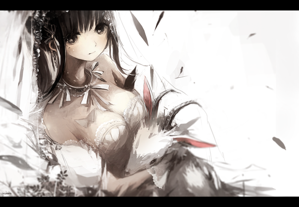 Anime picture 1000x692 with original asahiro single long hair looking at viewer fringe light erotic black hair simple background white background bare shoulders animal ears cleavage horn (horns) from above black eyes blurry hug letterboxed pale skin