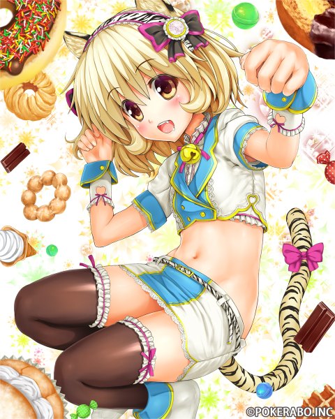 Anime picture 960x1200 with original endou hiroto tall image blush short hair open mouth blonde hair animal ears yellow eyes tail animal tail cat ears midriff cat girl cat tail girl thighhighs navel bow black thighhighs