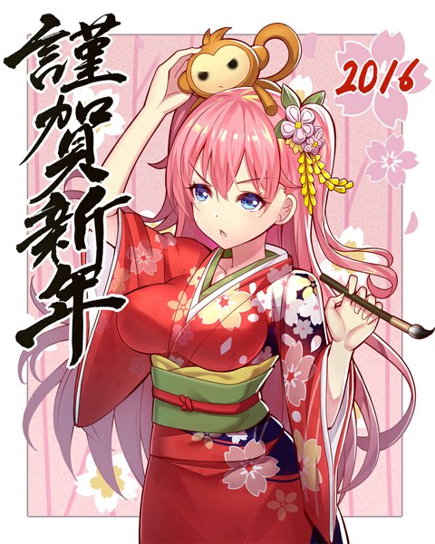 Anime picture 800x1000 with original emily stock ririko (zhuoyandesailaer) long hair tall image open mouth blue eyes pink hair traditional clothes japanese clothes inscription two side up hieroglyph new year floral background happy new year nengajou girl hair ornament flower (flowers)