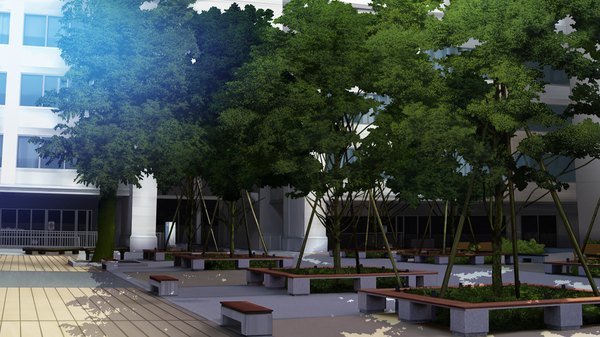 Anime picture 1280x720 with yumeiro alouette! wide image game cg no people landscape plant (plants) tree (trees) building (buildings) bench