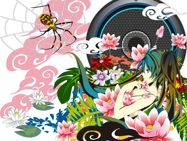 Anime picture 2000x1506 with vocaloid hatsune miku sakisato kiriko single long hair highres blue eyes profile green hair topless doll joints girl flower (flowers) speakers spider web lotus spider
