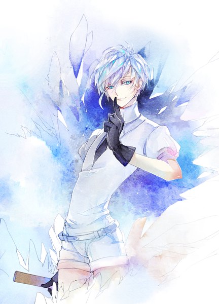 Anime picture 1440x2000 with houseki no kuni antarcticite luo kong single tall image fringe short hair blue eyes looking away silver hair light smile puffy sleeves finger to mouth traditional media androgynous watercolor (medium) gloves black gloves belt