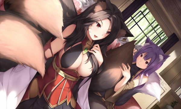 Anime picture 1280x768 with kopianget long hair blush breasts open mouth light erotic black hair smile wide image large breasts multiple girls brown eyes animal ears game cg purple hair tail traditional clothes animal tail dutch angle multiple tails