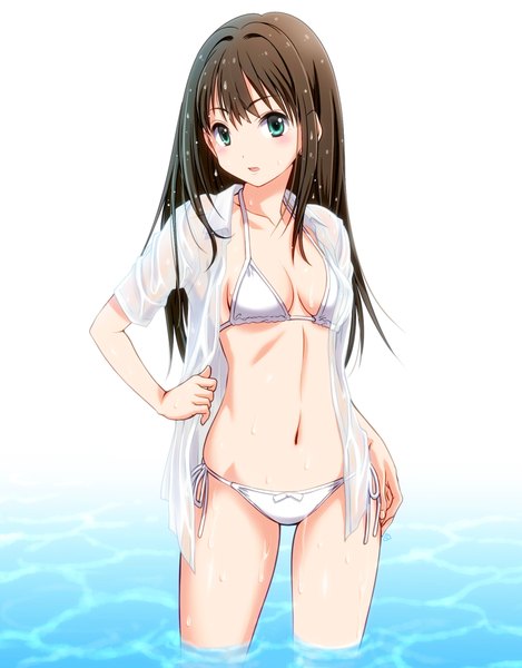 Anime picture 1644x2100 with idolmaster idolmaster cinderella girls shibuya rin mercy rabbit single long hair tall image looking at viewer blush fringe breasts open mouth light erotic simple background hair between eyes brown hair standing white background aqua eyes :o