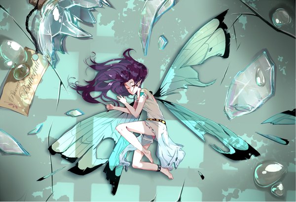 Anime picture 1762x1205 with original yumico (artist) single long hair highres blue eyes purple hair lying pointy ears lipstick torn clothes fairy girl earrings wings bracelet debris