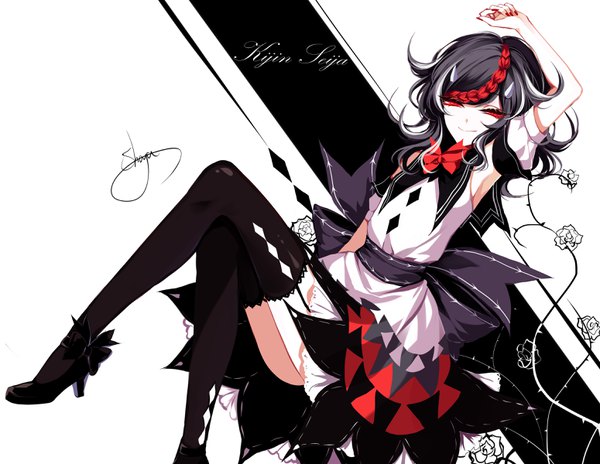 Anime-Bild 3100x2400 mit touhou kijin seija sheya single looking at viewer highres short hair black hair red eyes signed absurdres nail polish multicolored hair arm up horn (horns) short sleeves high heels puffy sleeves streaked hair character names