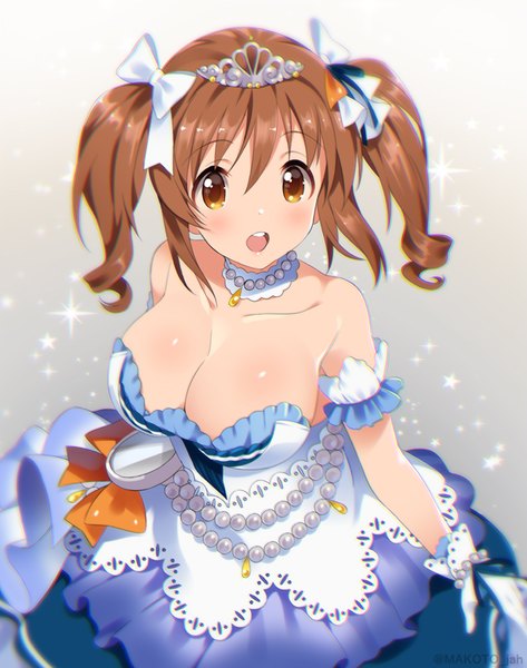 Anime picture 630x800 with idolmaster idolmaster cinderella girls idolmaster cinderella girls starlight stage totoki airi mizuki makoto single long hair tall image blush breasts open mouth light erotic brown hair large breasts twintails brown eyes payot looking away cleavage from above