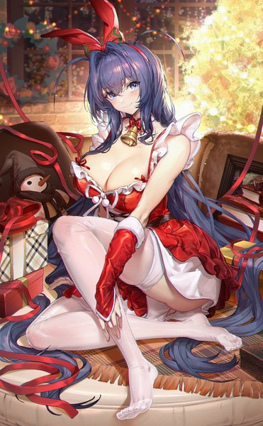 Anime picture 2000x3232 with azur lane new jersey (azur lane) gt-apex single long hair tall image looking at viewer fringe highres breasts light erotic smile hair between eyes large breasts sitting purple eyes animal ears purple hair full body ahoge