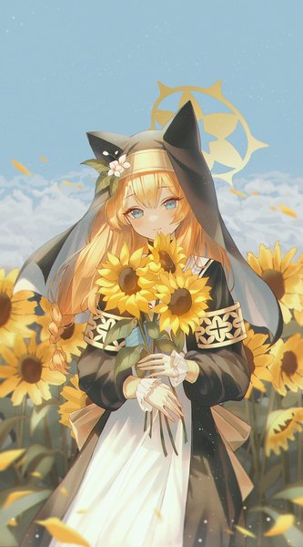 Anime picture 1110x2000 with blue archive mari (blue archive) vennie single long hair tall image looking at viewer fringe blue eyes hair between eyes standing sky cloud (clouds) outdoors light smile orange hair nun girl flower (flowers) halo