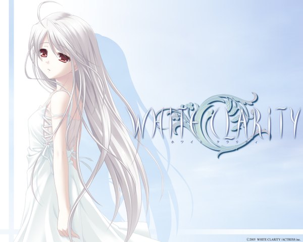 Anime picture 1280x1024 with white clarity long hair looking at viewer red eyes white hair inscription girl dress white dress