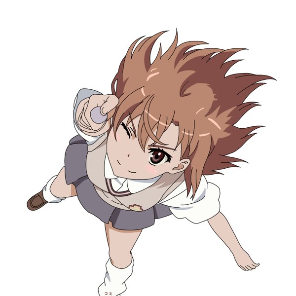 Anime picture 2834x2834 with to aru kagaku no railgun j.c. staff misaka mikoto tagme (artist) single fringe highres short hair simple background smile standing white background holding brown eyes pleated skirt fingernails from above outstretched arm looking up girl