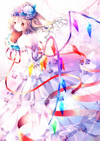 Anime picture 700x983 with touhou flandre scarlet riichu single long hair tall image blush open mouth blonde hair bare shoulders looking back hair flower orange eyes drill hair bare back girl dress gloves hair ornament flower (flowers)