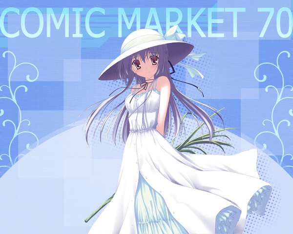 Anime picture 1280x1024 with nanao naru single long hair looking at viewer fringe smile hair between eyes bare shoulders brown eyes silver hair upper body head tilt wind hands behind back girl dress ribbon (ribbons) hat sundress