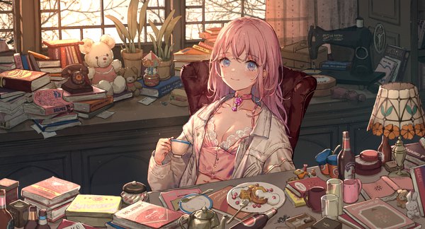 Anime picture 1620x874 with original yutsumoe single long hair breasts blue eyes light erotic smile wide image sitting pink hair cleavage indoors girl plant (plants) choker window book (books) cup bottle