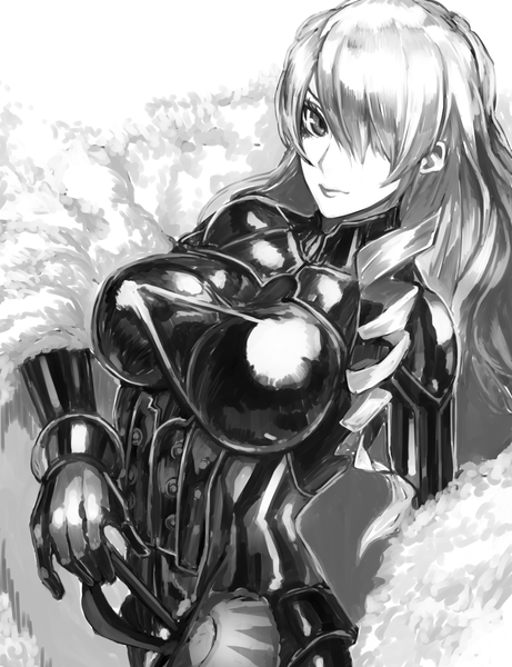 Anime picture 800x1040 with persona 3 persona kirijou mitsuru pizaya iwamoto hidetoshi single long hair tall image looking at viewer fringe breasts light erotic large breasts hair over one eye monochrome arched back girl gloves weapon fur