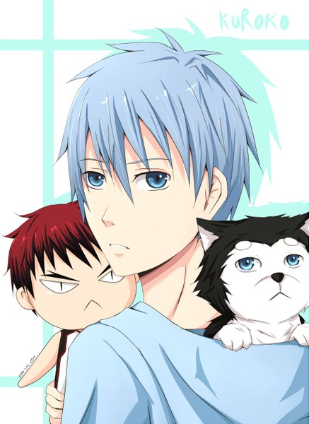 Anime picture 1865x2560 with kuroko no basket production i.g kuroko tetsuya kagami taiga tetsuya no.2 tall image looking at viewer highres short hair blue eyes simple background blue hair looking away red hair parted lips multicolored hair lips inscription two-tone hair gradient hair