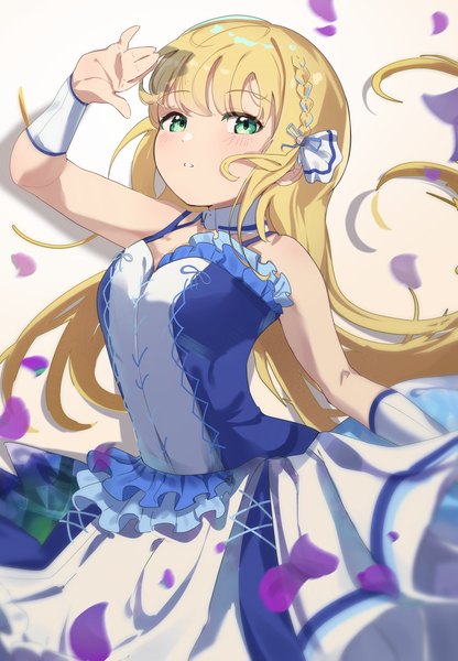 Anime picture 2835x4093 with idoly pride ichinose rei ooho0216 single long hair tall image looking at viewer highres blonde hair green eyes arm up girl dress petals