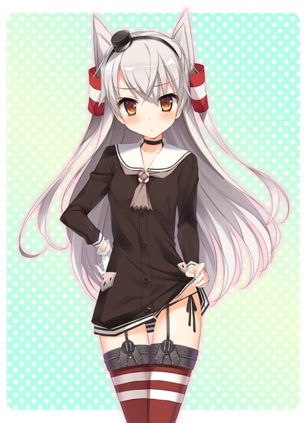 Anime picture 947x1300 with kantai collection amatsukaze destroyer kimishima ao single long hair tall image looking at viewer blush light erotic brown eyes silver hair two side up pantyshot girl thighhighs hair ornament underwear panties hat hair tubes