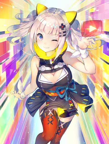 Anime picture 1227x1620 with virtual youtuber the moon studio kaguya luna deecha single tall image looking at viewer fringe short hair breasts purple eyes twintails bare shoulders payot cleavage silver hair blunt bangs one eye closed wink sleeveless
