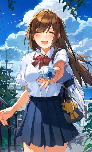 Anime picture 900x1487 with original onew single long hair tall image blush fringe open mouth smile brown hair standing holding payot sky cloud (clouds) outdoors eyes closed pleated skirt wind short sleeves