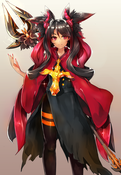 Anime picture 1512x2178 with original maido mido single long hair tall image looking at viewer fringe black hair smile red eyes standing animal ears pink hair long sleeves nail polish multicolored hair arm up fingernails wide sleeves two-tone hair