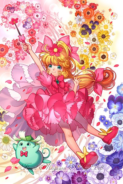 Anime-Bild 709x1063 mit hana no mahou tsukai mary bell mary bell tambourine (mary bell) eclosion tall image fringe blonde hair smile green eyes looking away full body very long hair hair flower copyright name magic oldschool girl dress flower (flowers) bow