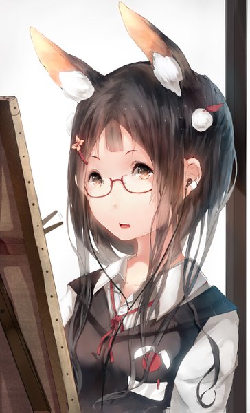 Anime picture 800x1319 with original hadean92 single tall image short hair open mouth black hair brown eyes animal ears girl glasses headphones
