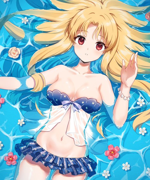 Anime picture 1000x1200 with fate (series) fate/grand order ereshkigal (fate) zhi (yammycheese) single long hair tall image looking at viewer blush fringe breasts light erotic blonde hair red eyes large breasts bare shoulders lying parted lips on back partially submerged