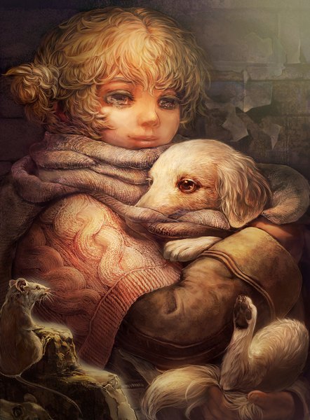 Anime picture 1024x1388 with original umedama tall image fringe short hair blonde hair light smile lips hug tears curly hair girl animal scarf sweater dog mouse