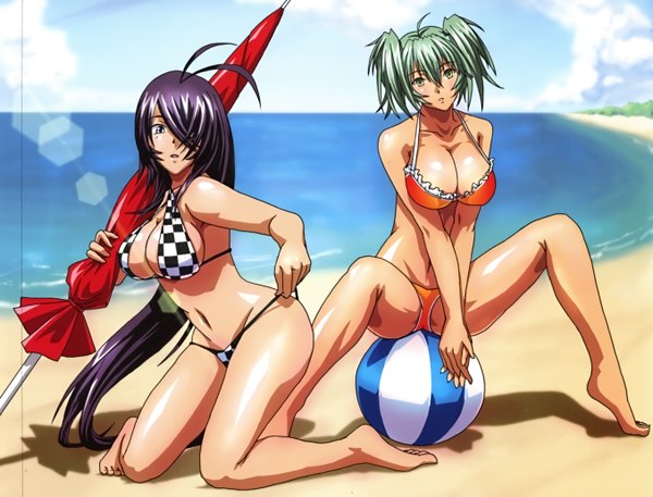 Anime picture 5418x4129 with ikkitousen kanu unchou ryofu housen long hair highres breasts open mouth light erotic large breasts twintails multiple girls absurdres purple hair green hair scan spread legs beach short twintails girl navel