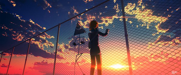 Anime picture 1920x801 with original skybase highres wide image standing signed blue hair cloud (clouds) from behind fur trim lens flare dated evening sunset crossed arms gate boy fur bag bandana