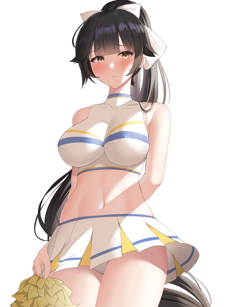 Anime picture 2048x2732 with azur lane takao (azur lane) futon fly away single long hair tall image looking at viewer blush fringe highres breasts light erotic black hair simple background hair between eyes large breasts standing white background holding yellow eyes