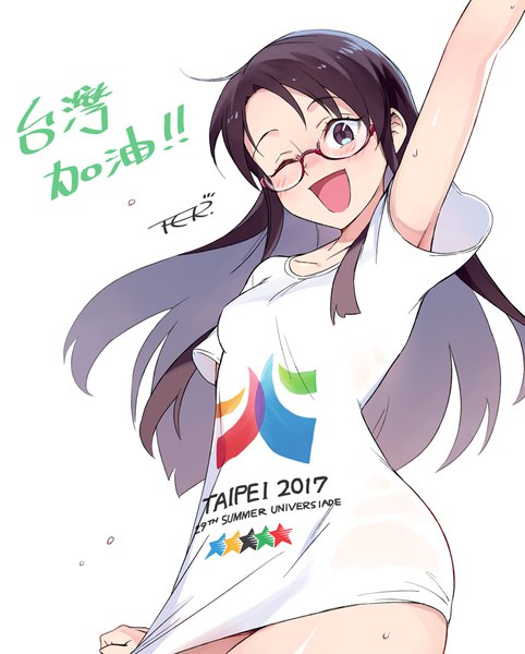 Anime picture 750x933 with original 2017 taipei universiade toku (ke7416613) single long hair tall image blush open mouth light erotic black hair simple background smile white background ahoge one eye closed arm up wink black eyes short sleeves sweat