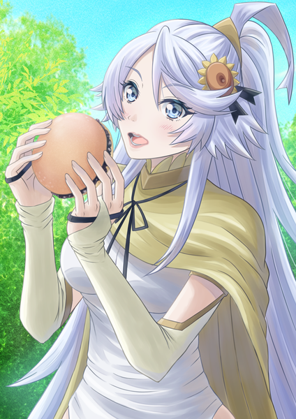 Anime picture 1200x1697 with tondemo skill de isekai hourou meshi ninlil (tonsuki) manato single long hair tall image blush fringe breasts open mouth blue eyes hair between eyes holding looking away sky silver hair outdoors girl dress hair ornament