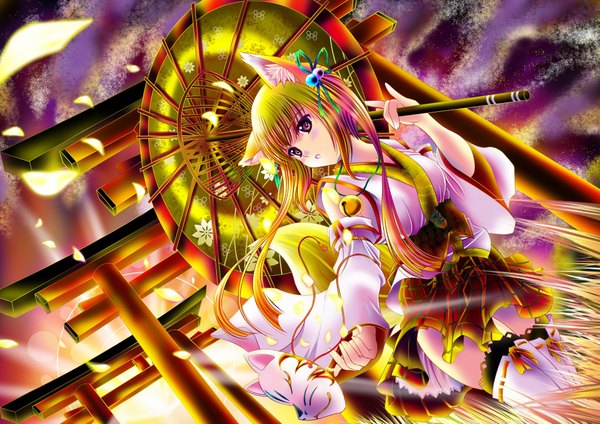 Anime picture 4093x2894 with original aka kitsune single long hair blush highres blonde hair red eyes absurdres traditional clothes fox ears fox tail fox girl fox shadow puppet girl petals umbrella bell mask jingle bell