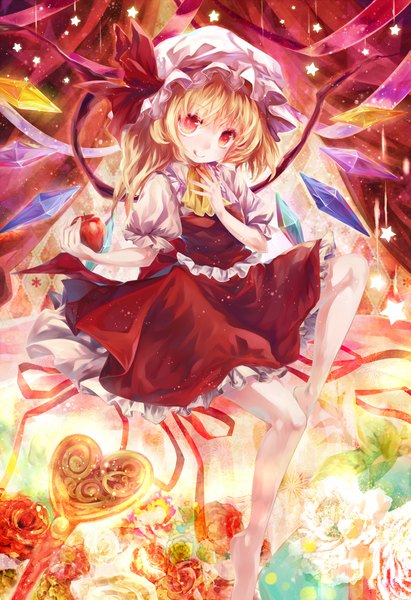 Anime picture 1000x1459 with touhou flandre scarlet torino aqua tall image short hair blonde hair smile red eyes barefoot girl dress flower (flowers) wings rose (roses) bonnet apple