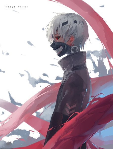 Anime picture 2560x3366 with tokyo ghoul studio pierrot kaneki ken huanxiang heitu single tall image fringe highres short hair red eyes white background looking away profile grey hair copyright name black sclera boy mask kagune