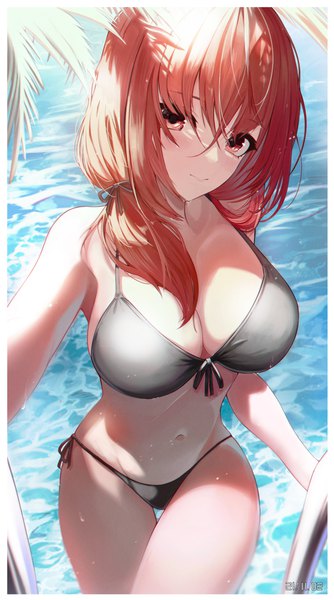 Anime picture 2282x4096 with original bexercube single long hair tall image looking at viewer blush fringe highres breasts light erotic hair between eyes red eyes large breasts standing outdoors red hair head tilt sunlight wet