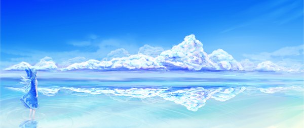 Anime picture 1053x446 with touhou cirno taku-012 single short hair wide image standing blue hair sky cloud (clouds) full body outdoors from behind reflection scenic polychromatic girl dress bow hair bow