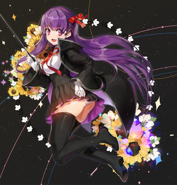 Anime picture 822x861 with fate (series) fate/extra fate/extra ccc bb (fate) (all) bb (fate/extra) bosack single long hair tall image blush open mouth light erotic purple eyes looking away purple hair :d hand on hip black background floral background girl