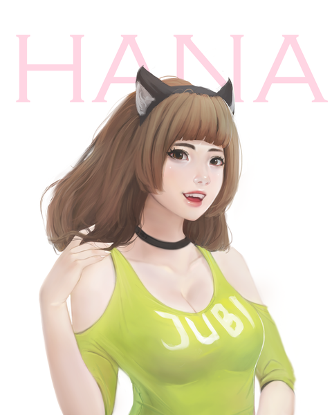 Anime picture 2400x3000 with original hana (jubi) jubi (regiana) single long hair tall image looking at viewer fringe highres open mouth light erotic simple background brown hair white background bare shoulders brown eyes signed animal ears cleavage upper body