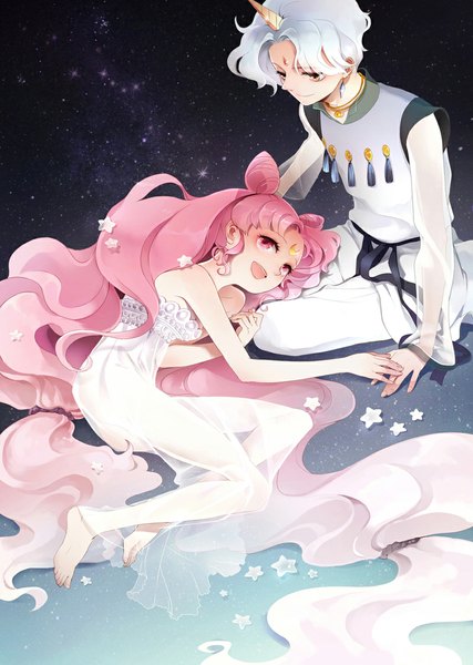 Anime picture 800x1124 with bishoujo senshi sailor moon toei animation princess usagi small lady helios bacu long hair tall image short hair open mouth smile sitting twintails yellow eyes pink hair silver hair white hair lying very long hair pink eyes barefoot